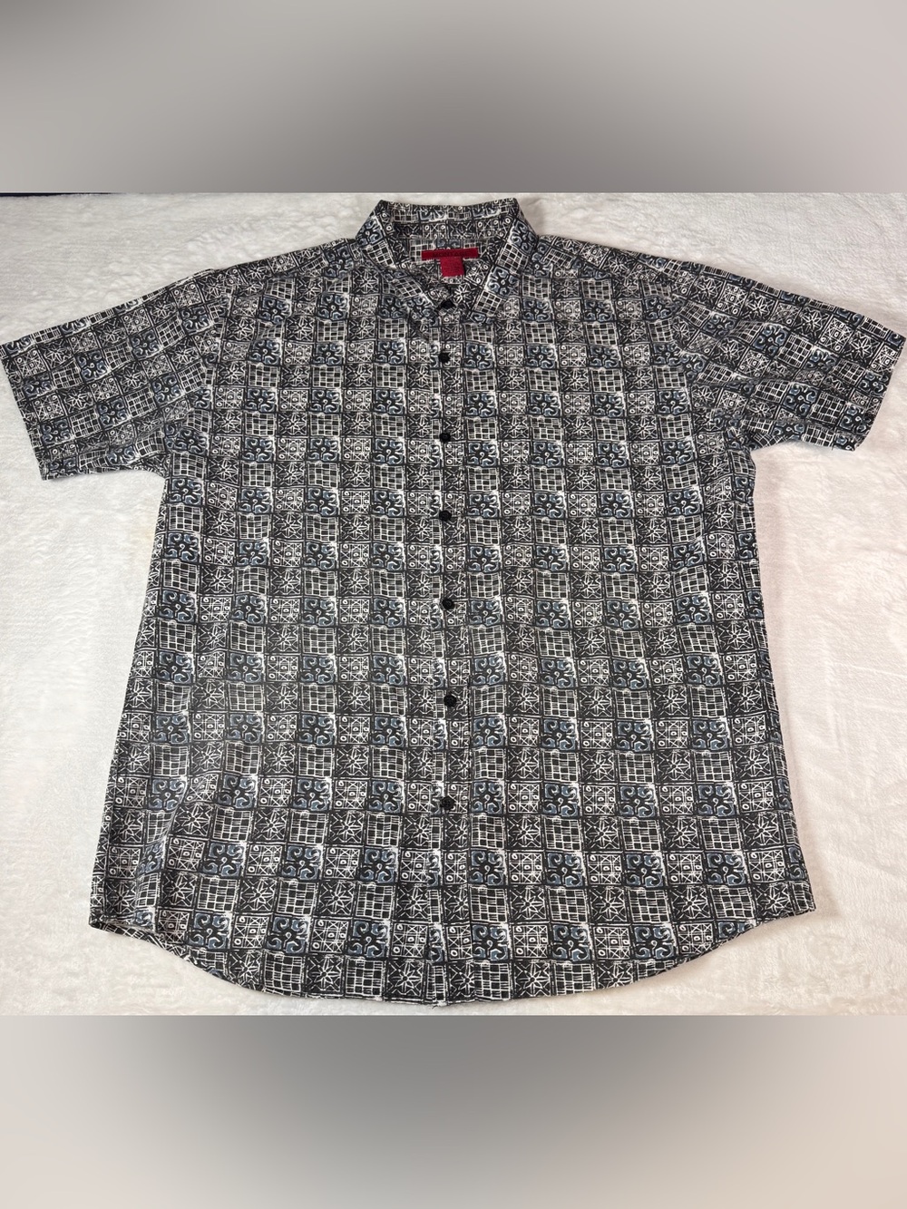Montage Men XXL Black Blue Geometric Print Short Sleeve Button Up Shirt